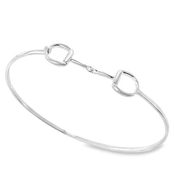 A sterling silver cuff bangle with a snaffle bit detail as the central design.