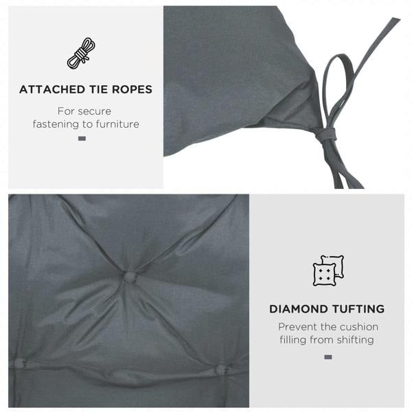Dark grey bench cushion with attached tie ropes and diamond tufted sections