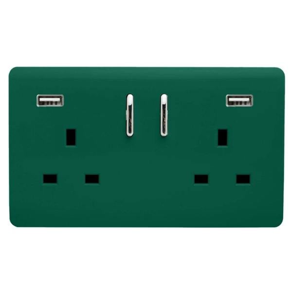 Trendi Switch 2 Gang USB 3100mA Plug Socket in Dark Forest Green