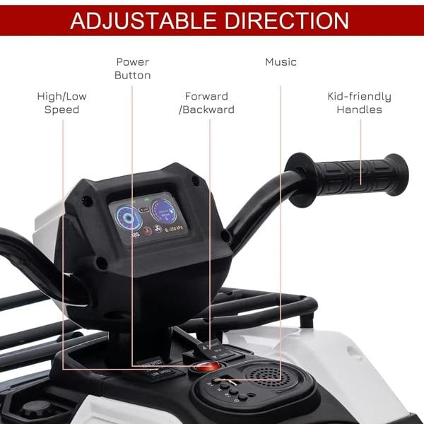 Kids quad bike control panel with labeled buttons for music, speed, and forward/reverse.