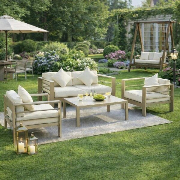 4 Pieces Outdoor Garden Furniture Set, Aluminium Frame Furniture w/ Thick Padded Cushiones Champagne Gold - Gold Tone