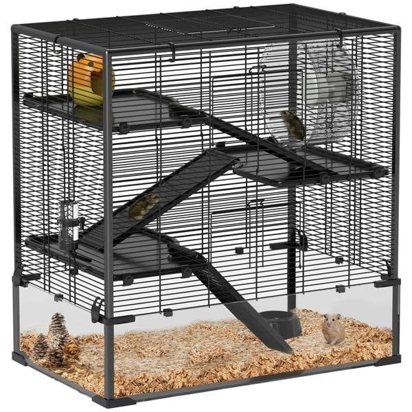 Four-tier hamster cage with deep tempered glass base, ramps, and running wheel, black