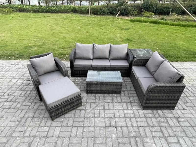 Fimous 7 Seater Outdoor Rattan Set, Coffee Table, Reclining Chair, 3 Seater Sofa, Big Footstool and Side Table, Dark Grey Mixed