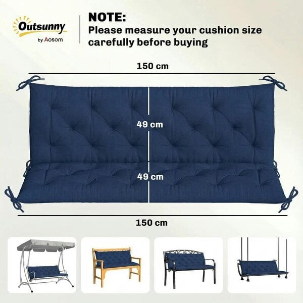 3 Seater Bench Cushion, Garden Chair Cushion with Back and Ties for Indoor and Outdoor Use, 98 x 150 cm, Dark Blue