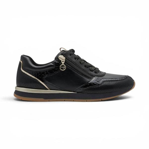 Tamaris Womens Black Faux Leather Fashion Lace Up Sneakers - 23613-46