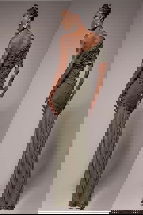 Gathered One Shoulder Sheer Panel Maxi Dress - Khaki Green DR4828