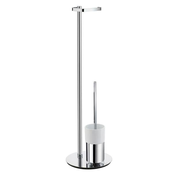Polished chrome toilet roll and toilet brush with porcelain holder