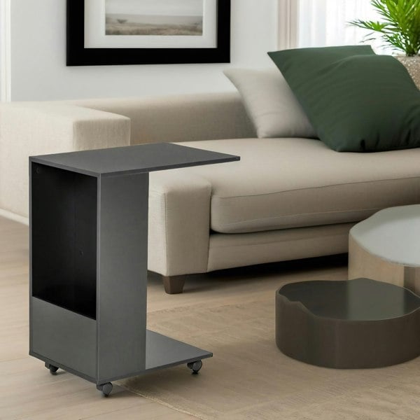 Rafaelo Mobilia Industrial Black C Shaped Side Table With Storage & Wheels