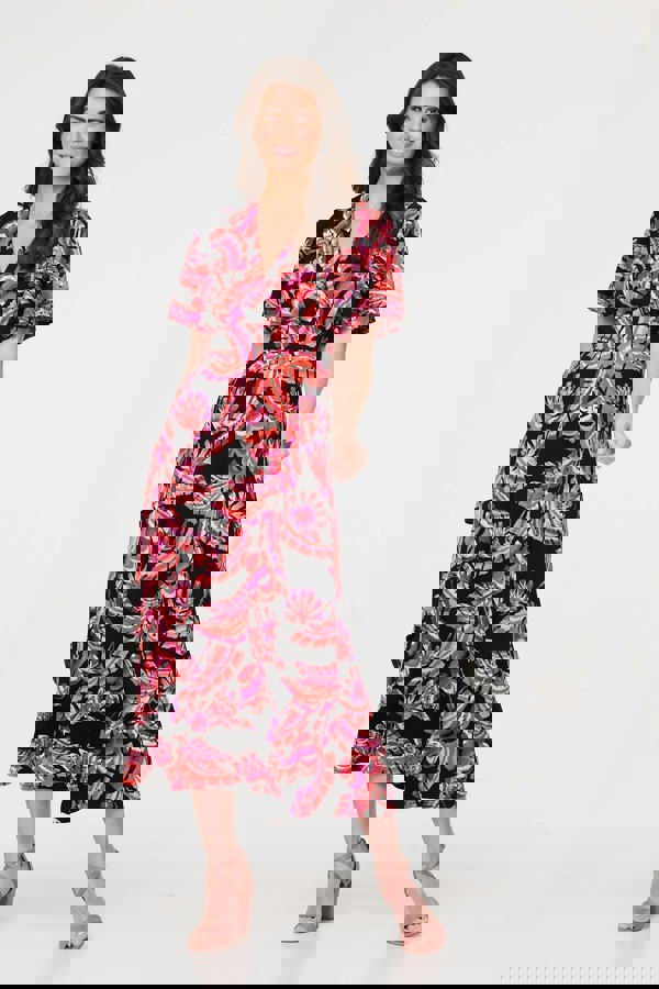 Black | Printed Angel Sleeve Midi Dress