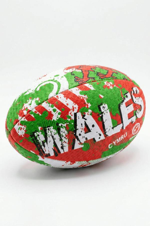Green, red and white Optimum Wales rugby ball with WALES CYMRU print, resting on its side on white - Optimum