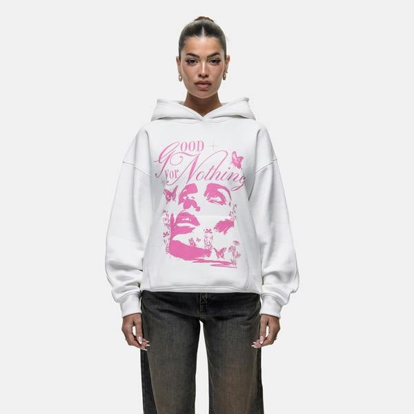 Good For Nothing White Contrast Print Relaxed Hoodie - White Image 1