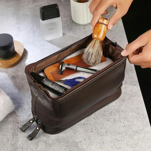 Leather Toiletry Wash Bag Brown 2