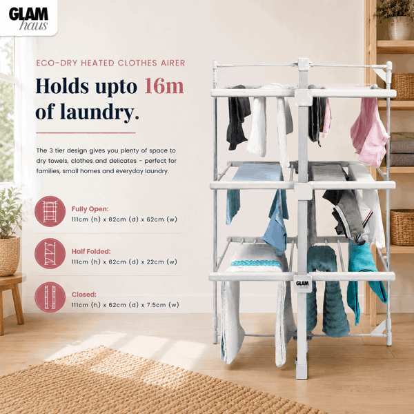 GlamHaus Heated Clothes Airer Dryer Rack Aluminium with Cover Electric 220W - Indoor - Folds Flat for Easy Storage
