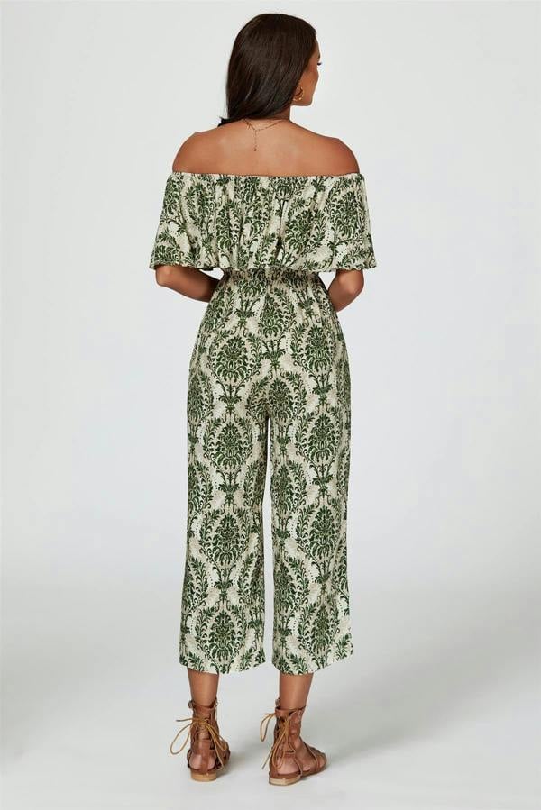 FS Collection Off The Shoulder Print Frill Jumpsuit In Green