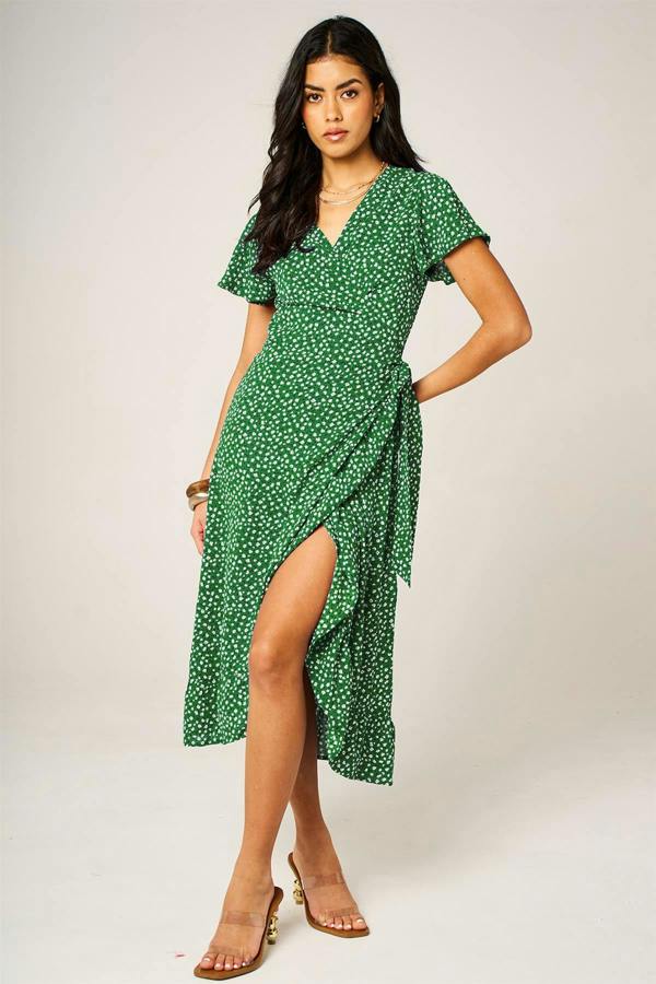 FS Collection Hem Frill Detail Little Floral Print Wrap Dress In Green