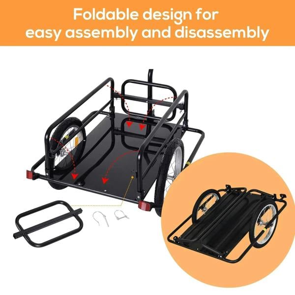 Black folding bike cargo trailer with assembly parts and fold design