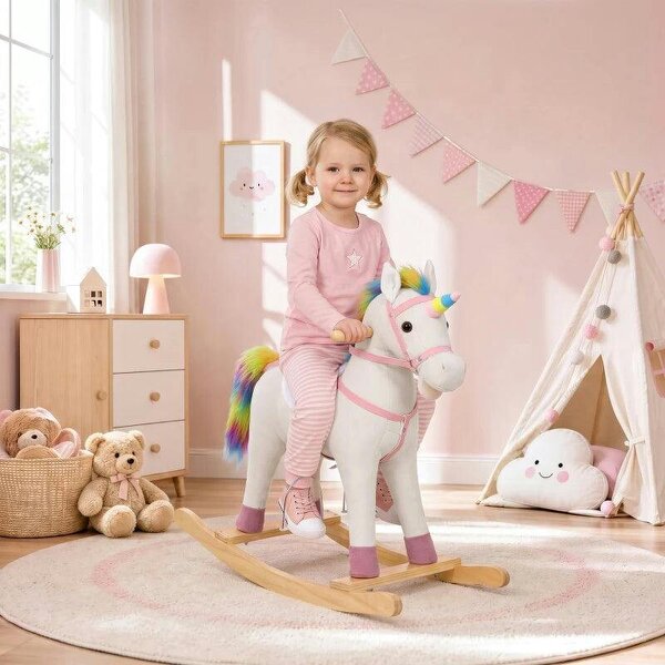 Rocking Horse, Unicorn Ride on Horse with Sounds and Stable Wooden Base for 1-3 Years, Cream White - Cream