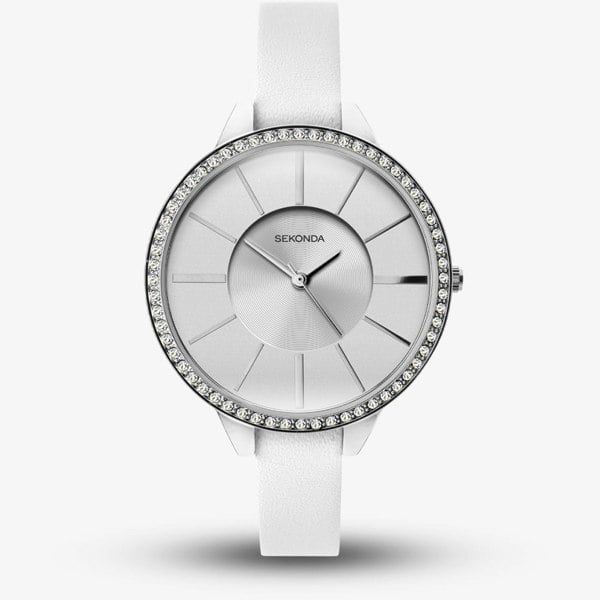 Sekonda Ladies White Crystal Set Leather Strap Watch 40002