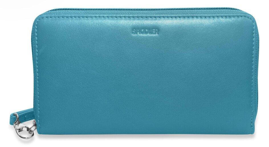 SADDLER SOPHIA Leather Zip Around Purse  - 15 Card slots, Mobile Phone Pocket,  Detachable Wrist Strap- RFID Protected - Teal