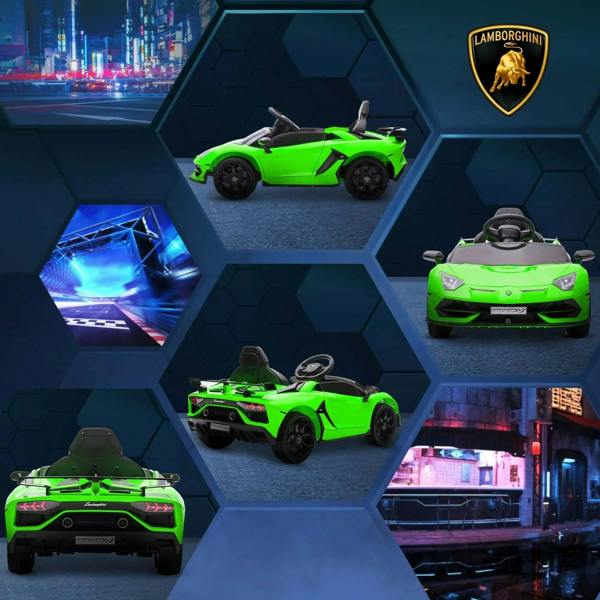 Lamborghini Aventador 12V kids electric car in bright green, multi-angle view