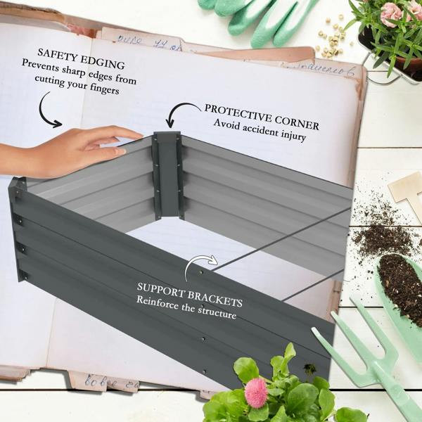 Dark grey galvanized steel planter with open base, corner joint, and support bracket