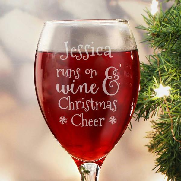 Personalised 'Runs On Wine And Christmas Cheer' Wine Glass - lifestyle shot