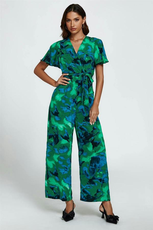 FS Collection Abstract Print Wrap Top Jumpsuit In Green