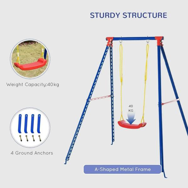 Blue A-frame swing set with two yellow ropes, red seats, and ground anchors