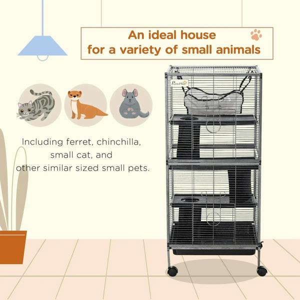 Silver wire small animal enclosure with hammock and multi-level platforms on wheels