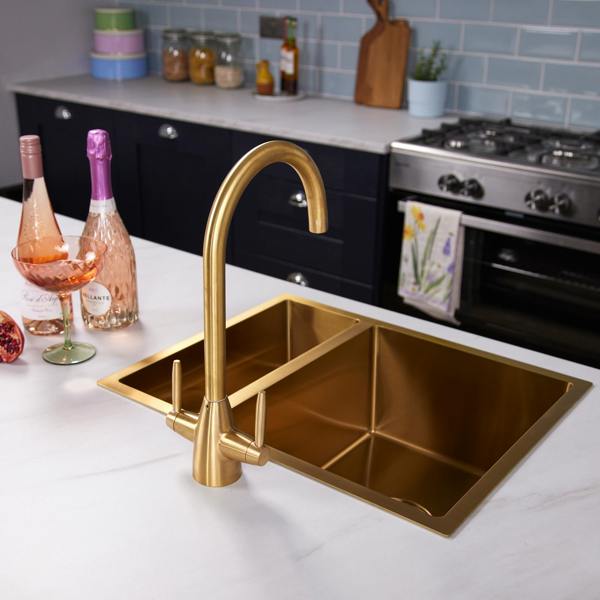 Flode Drammen | Dual Lever Kitchen Mixer | Brushed Brass Finish