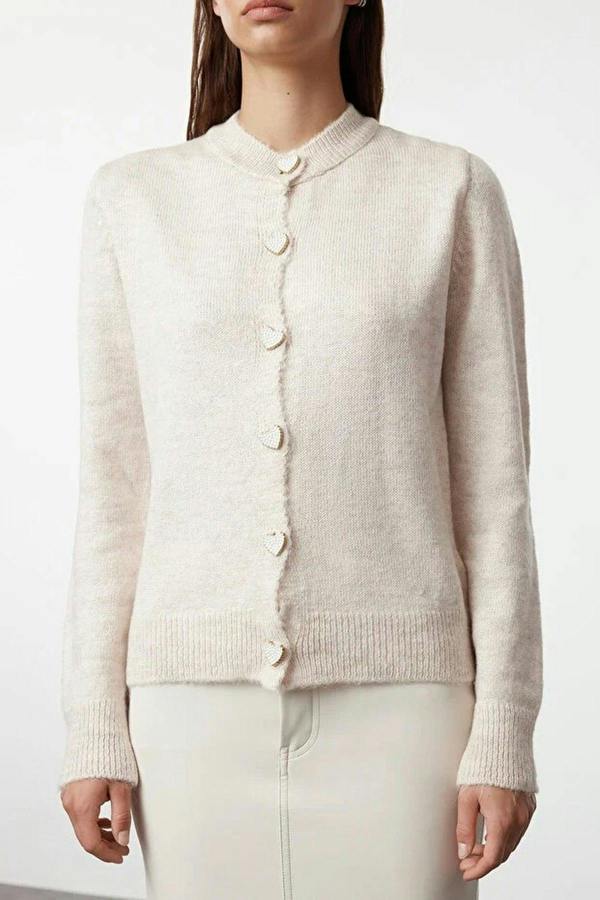 WOVCOR Soft-Textured Knit Cardigan with Jewelry Button Detail