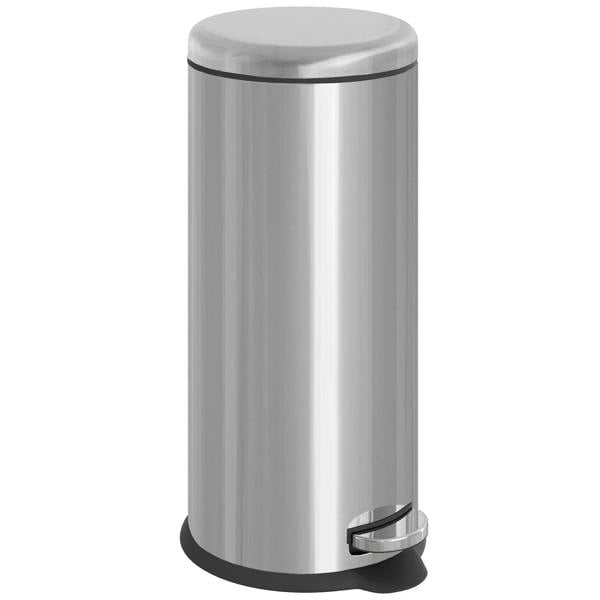 Stainless steel foot pedal trash bin with round lid and black foot pedal, silver finish
