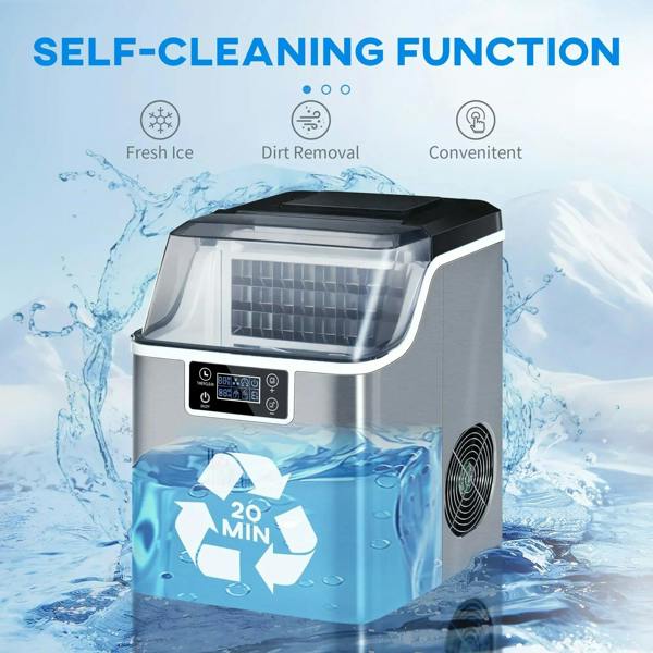 Silver-tone compact ice machine with clear top lid and LCD control panel