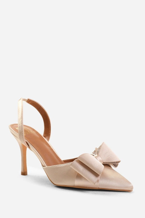 Where's That From Spain Wide Fit Pointed Toe With Diamante Bow Detailing Slingback Mid Heels in Cream Satin