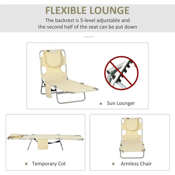 Beige flexible sun lounger with 5-level adjustable backrest and fold-down seat design