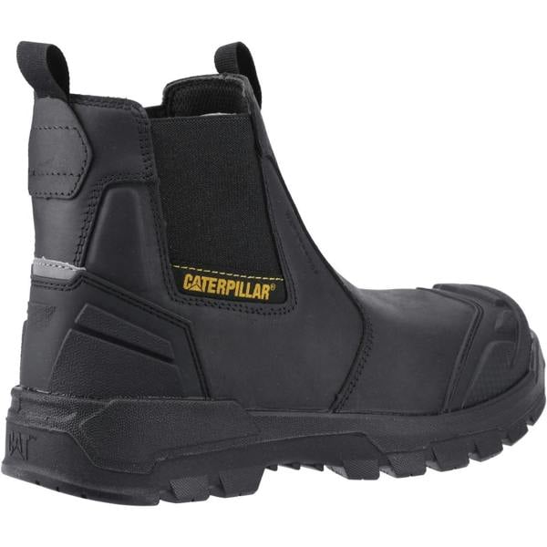 Caterpillar Striver XL Mens Pull On Waterproof S7 Safety Dealer Boots, black slip-on safety boots with rugged outsole and durable construction.