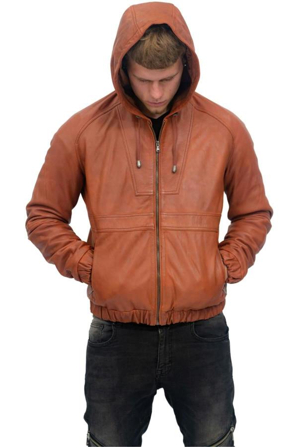 Infinity Leather Men’s Casual Leather Hooded Bomber Jacket-Odesa