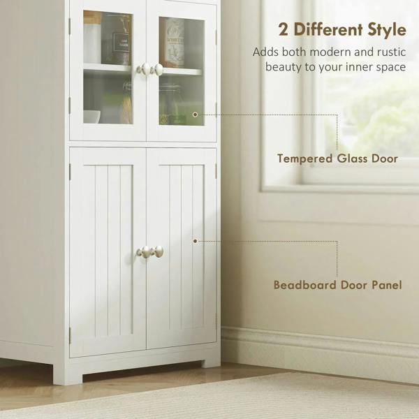 White freestanding cupboard front with glass doors and beadboard-style paneled lower doors