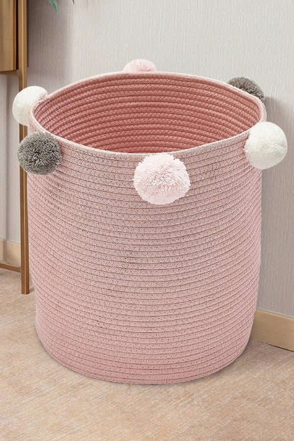 Living and Home Cotton Rope Basket Woven Laundry Blanket Toy Basket Organizer with Pompom Living Room Pink