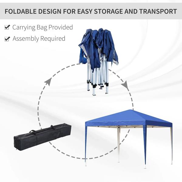 Blue pop-up gazebo with folded legs and included carrying bag for transport