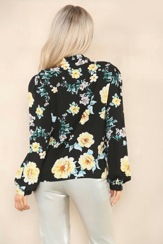Elaina Fashion Women's Black Floral Print Blouse - Long Sleeve Button Down Shirt Summer Flower Print Casual Tunic Vintage Style Top