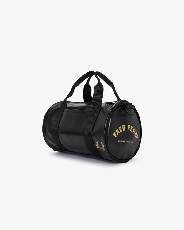 Fred Perry Tonal Classic Mini Barrel Bag - Black/Gold 774 | CHO | Designer Mens Bags