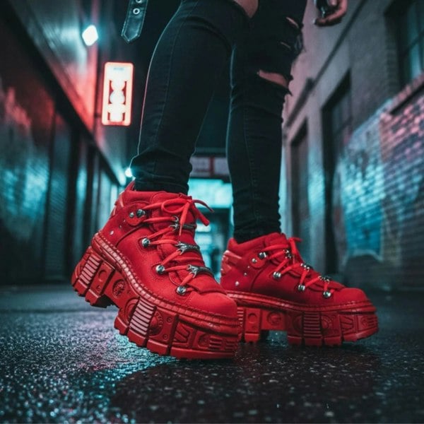 New Rock M-106WALL-C13 Red Leather Gothic Ankle Boots