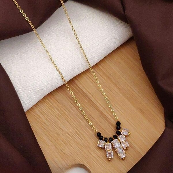 The Colourful Aura Indian Nazarian Gold Mangalsutra Black Bead Zircon Fan Pendant Necklace