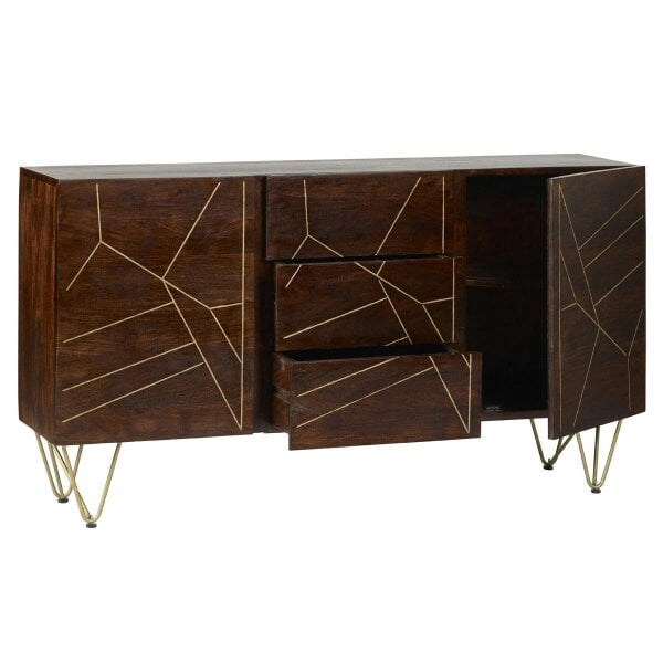 Wyld Haus Bandung Dark Mango Wood and Gold Large Sideboard 3 Drawers 2 Doors