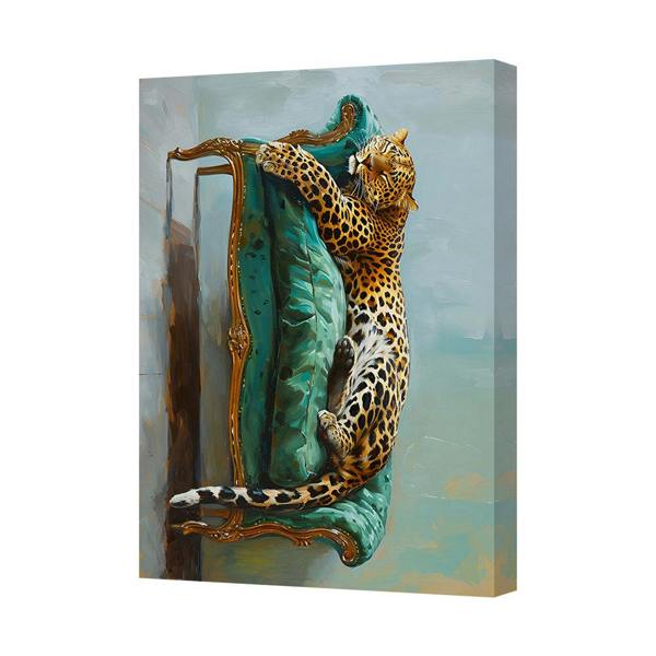 Benjamin Tate Design Leopard Clinging to Green Armchair Canvas Wall Art