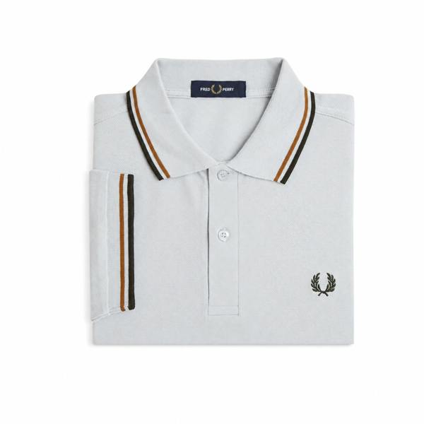 Fred Perry Twin Tipped Polo Shirt in dusky blue with dark caramel and night green stripes.