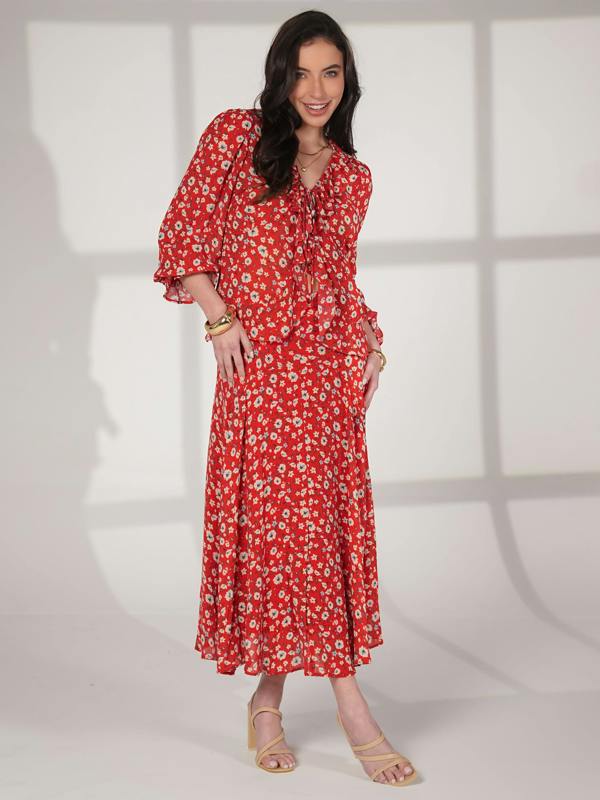 Rose & Nancy Philippa Red Floral Print Midi Skirt