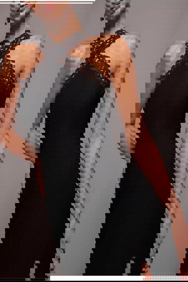 Ribbed Criss Cross Halter Neck Maxi Dress With Thigh Split - Black DR4211