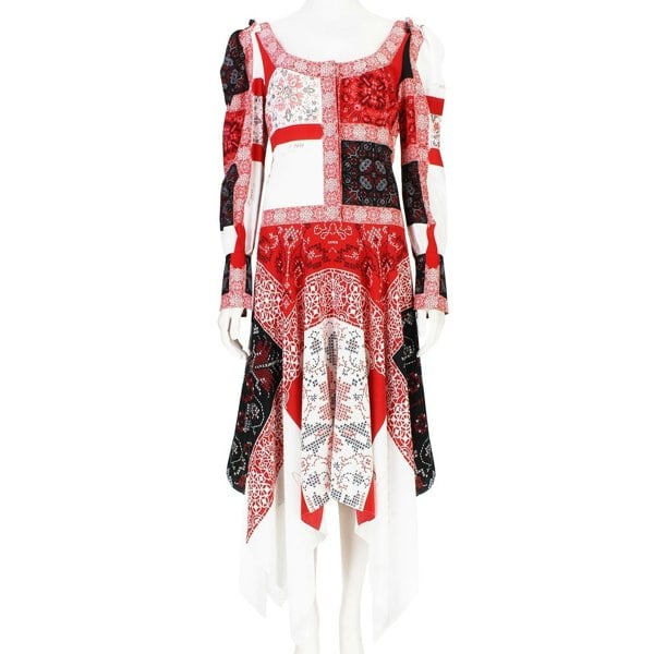 Alexander McQueen patchwork patterned dress in red, black and white with scoop  neckline and trapeze hemline